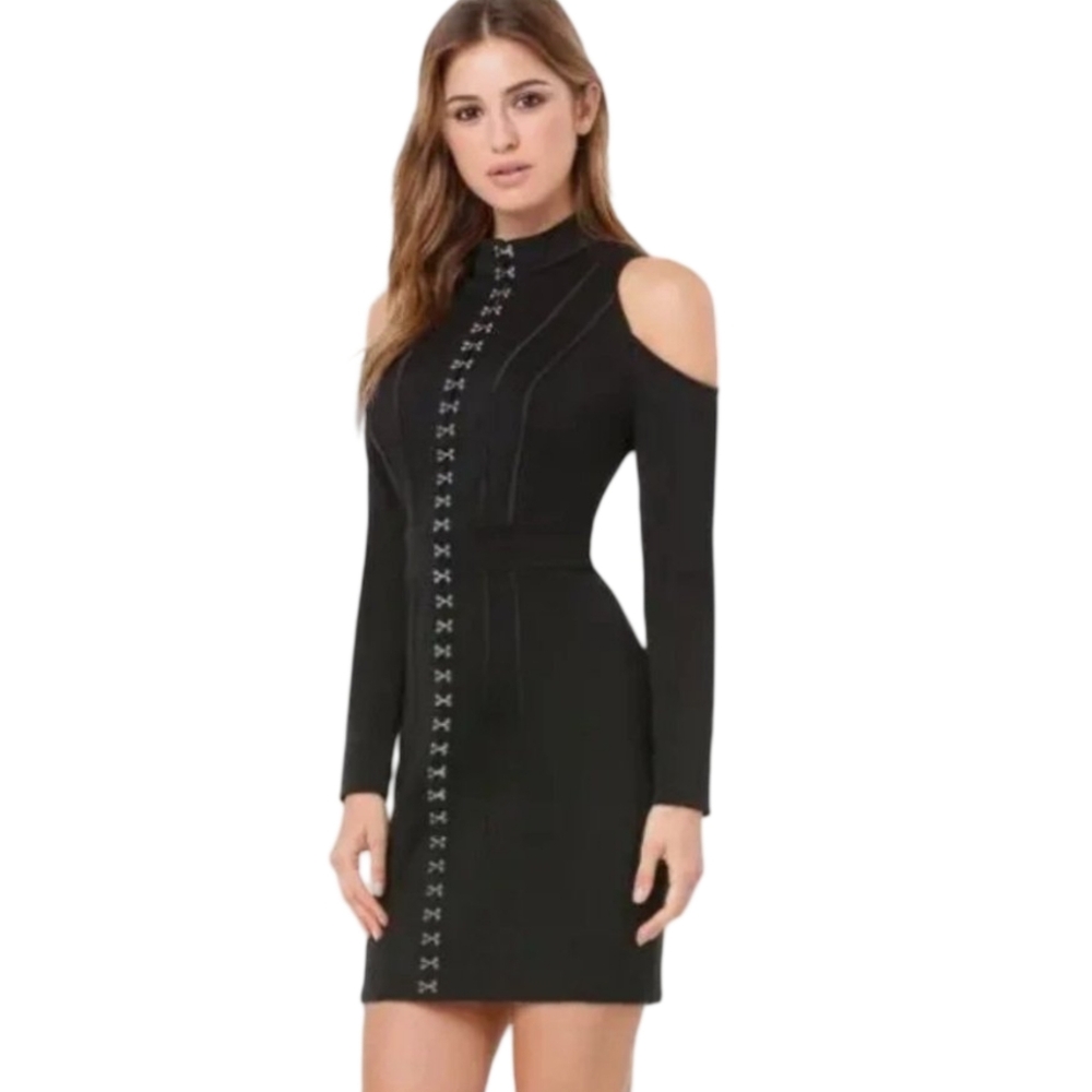 Bebe Black Cold Shoulder Mini Dress Hook Eye Detail Mock Neck Bodycon Size Small